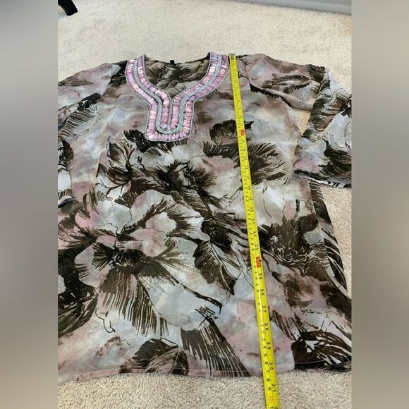 Premise brown pink sheer chiffon gem jewelled beach coverup blouse top Sz L 🔥 - Picture 7 of 10
